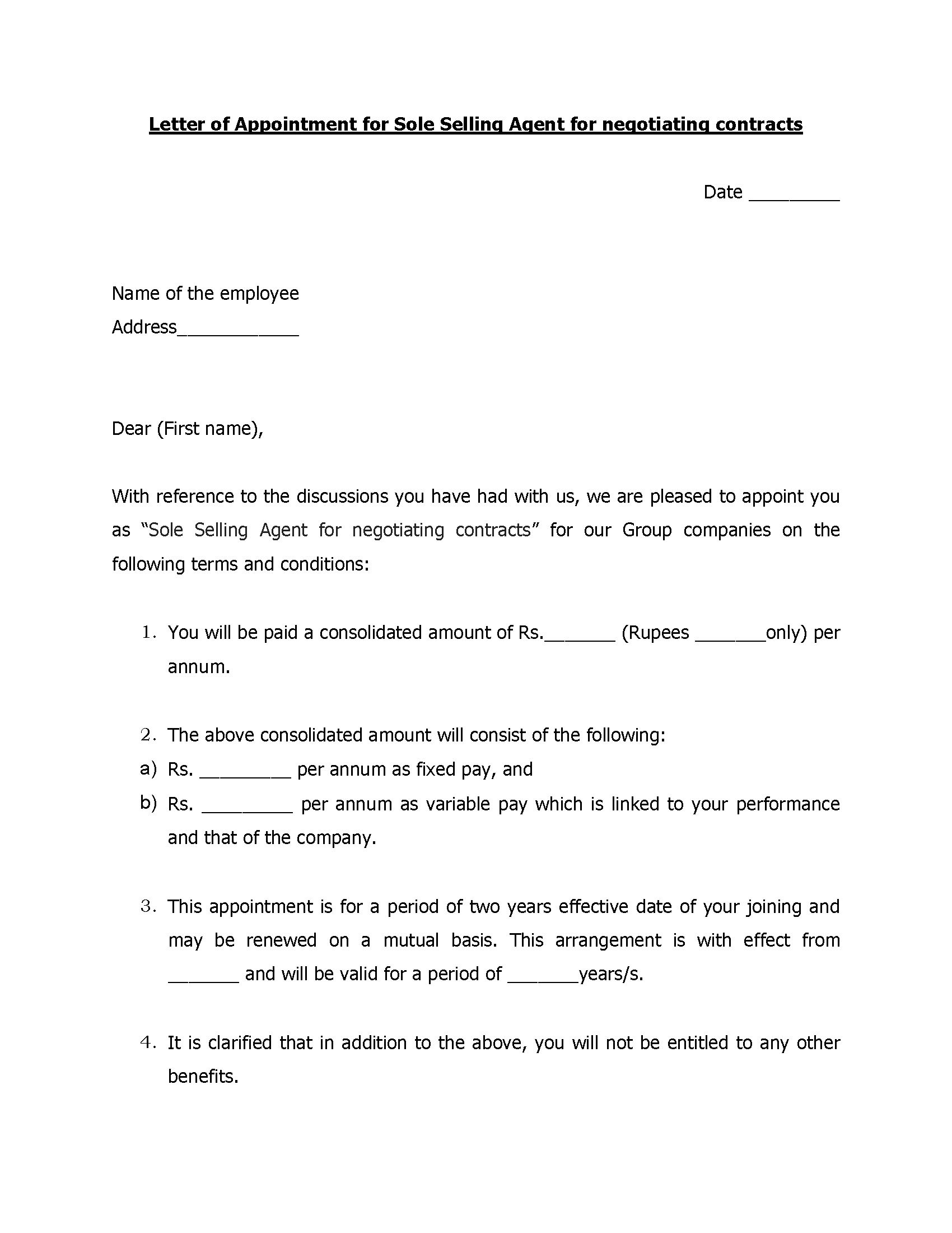 Letter Of Appointment For Sole Selling Agent For Negotiating Contracts